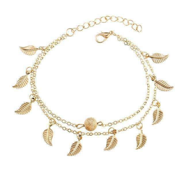 Double Layer Feather Anklet Gold Beach Boho Adjustable