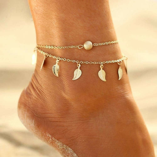Double Layer Feather Anklet Gold Beach Boho Adjustable