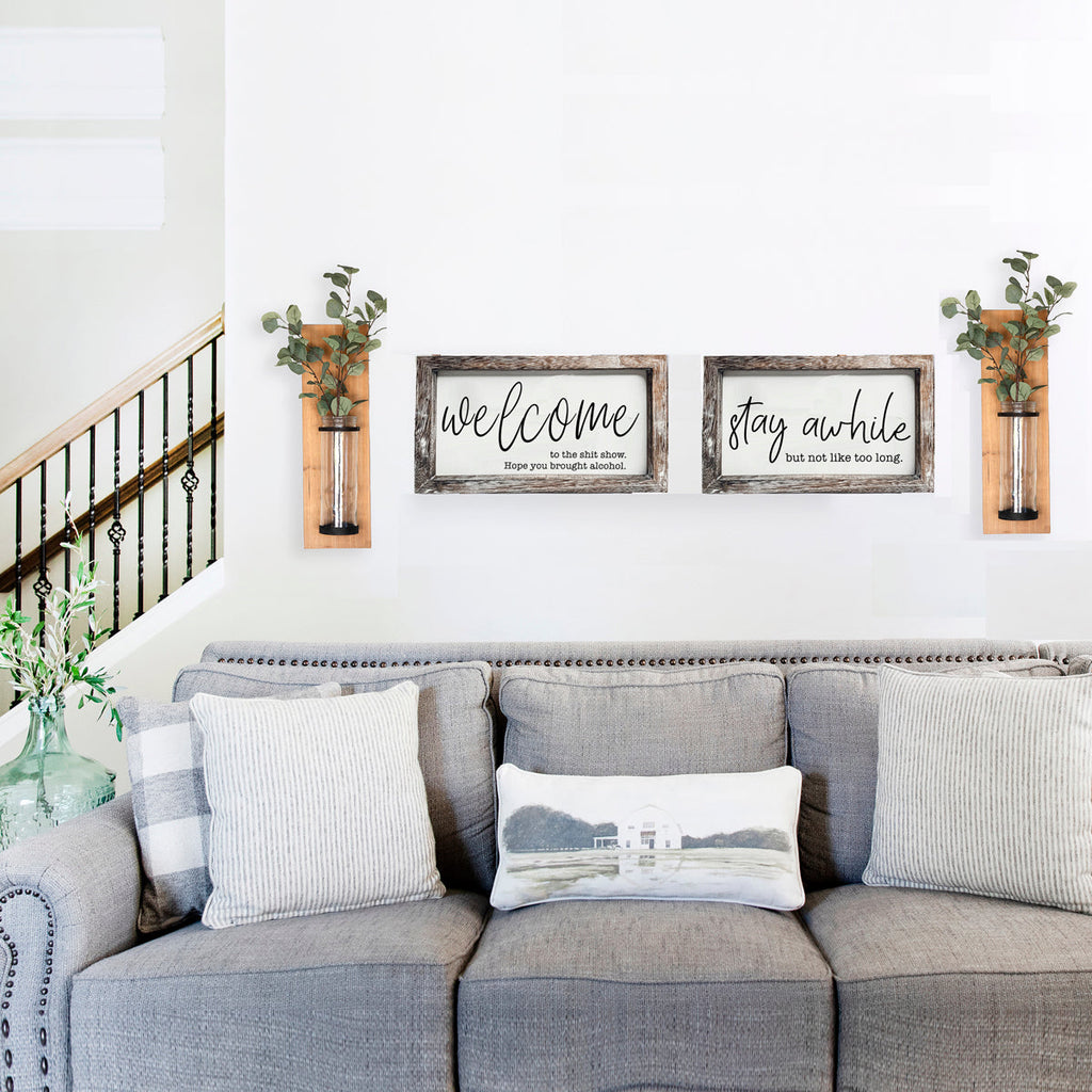 Stay Awhile Wooden Wall Sign - Funny Paulownia Wood Home Decor Plaque