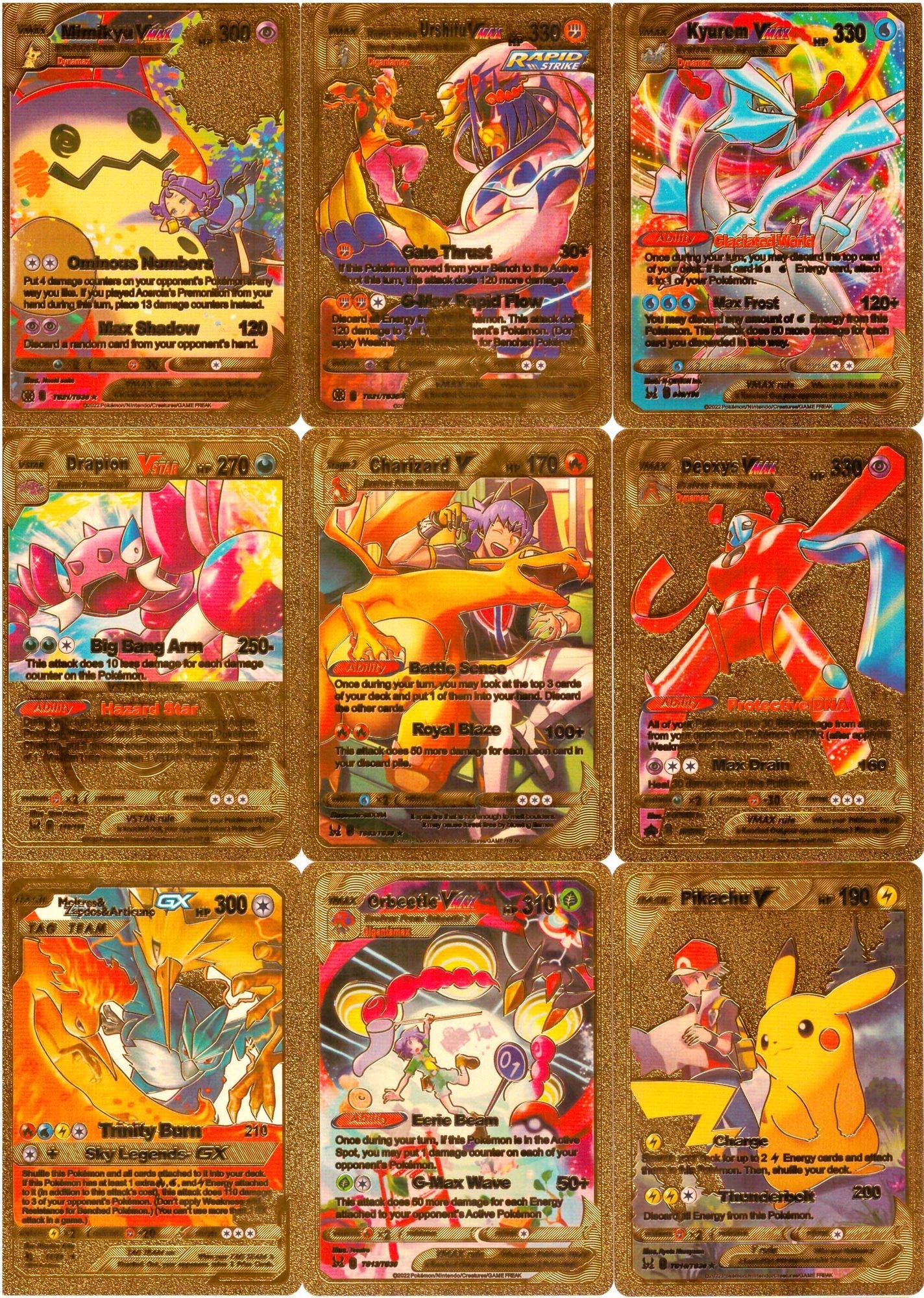 55 PCS Gold Cards Packs Vmax DX GX Rare Pokemon Cards TCG Booster Box Gold Foil