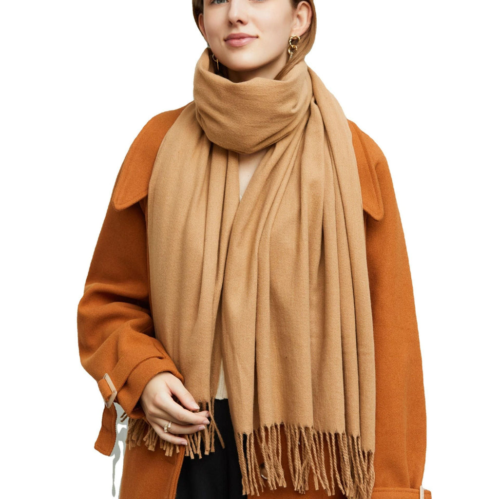 Wholesale Korean simple pure color cashmere like polyester warm shawl monochrome long tassel scarf thickened scarf