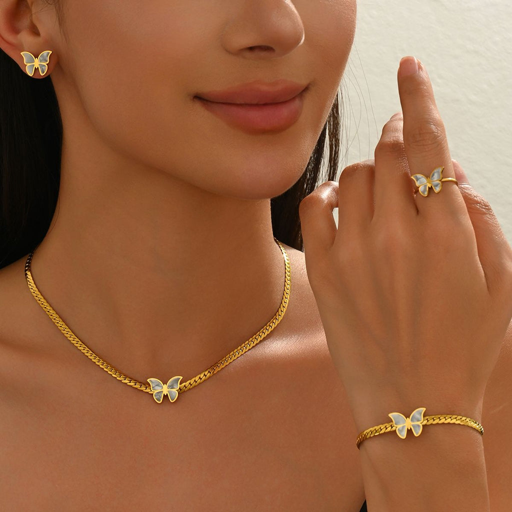 Lxalry 18K Gold Plated Stainless Steel Butterfly Jewelry Set for Women – Hypoallergenic Necklace, Earrings & Adjustable Ring, Waterproof & Tarnish-Free, Elegant Gift for Birthday, Girlfriend, Summer
