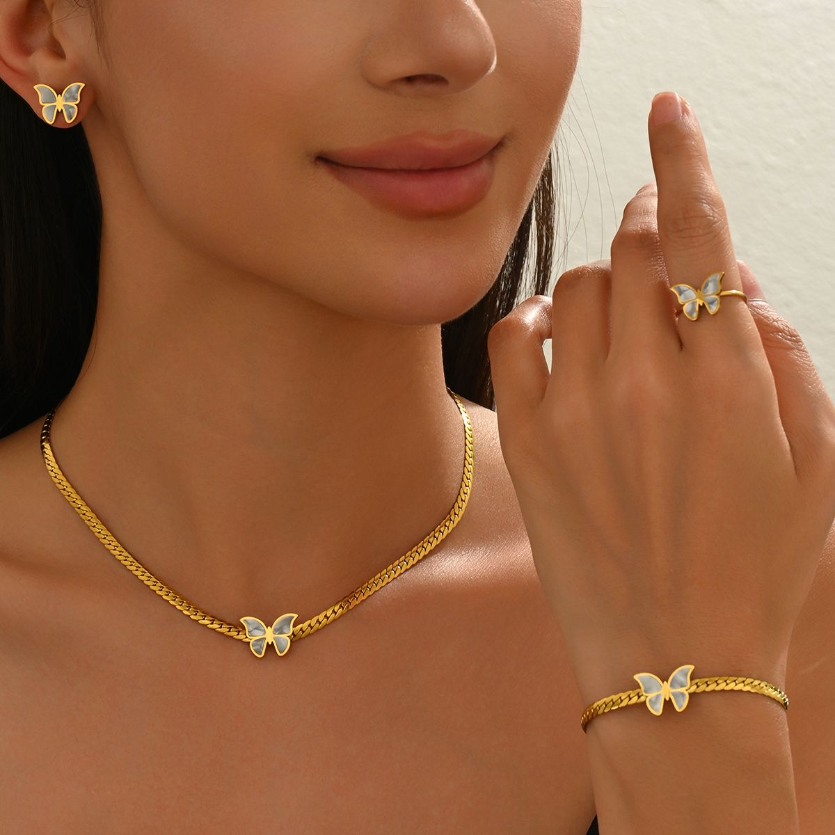 Lxalry 18K Gold Plated Stainless Steel Butterfly Jewelry Set for Women – Hypoallergenic Necklace, Earrings & Adjustable Ring, Waterproof & Tarnish-Free, Elegant Gift for Birthday, Girlfriend, Summer