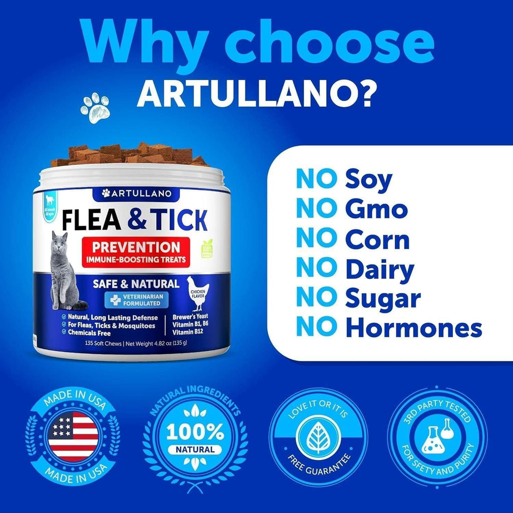 Flea Treatment for Cats Natural Flea and Tick Prevention Supplement for Cats Kittens Chewable Daily Oral Pills with Vitamins 135 Soft Chews Skin & Coat Dental treats Digestion