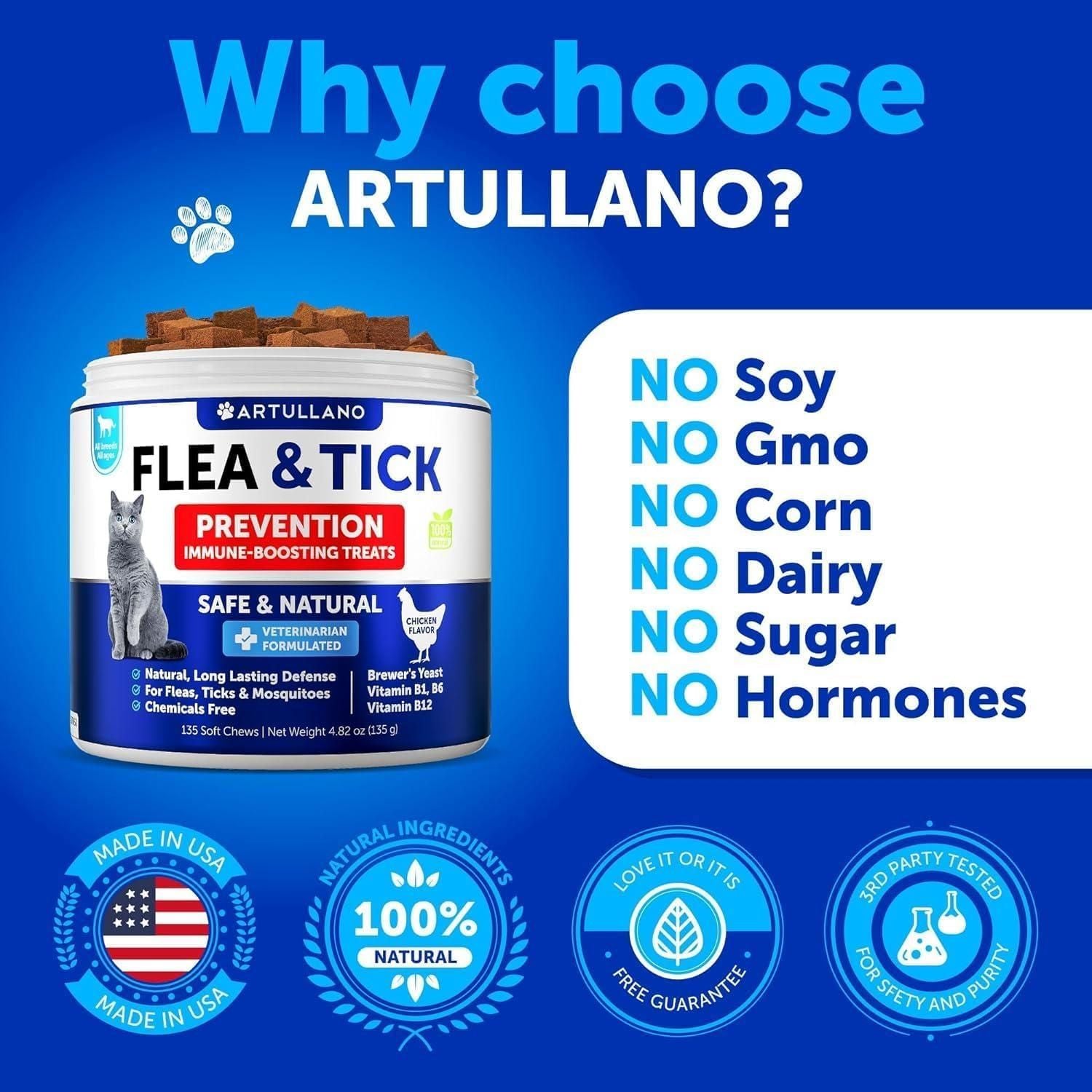 Flea Treatment for Cats Natural Flea and Tick Prevention Supplement for Cats Kittens Chewable Daily Oral Pills with Vitamins 135 Soft Chews Skin & Coat Dental treats Digestion