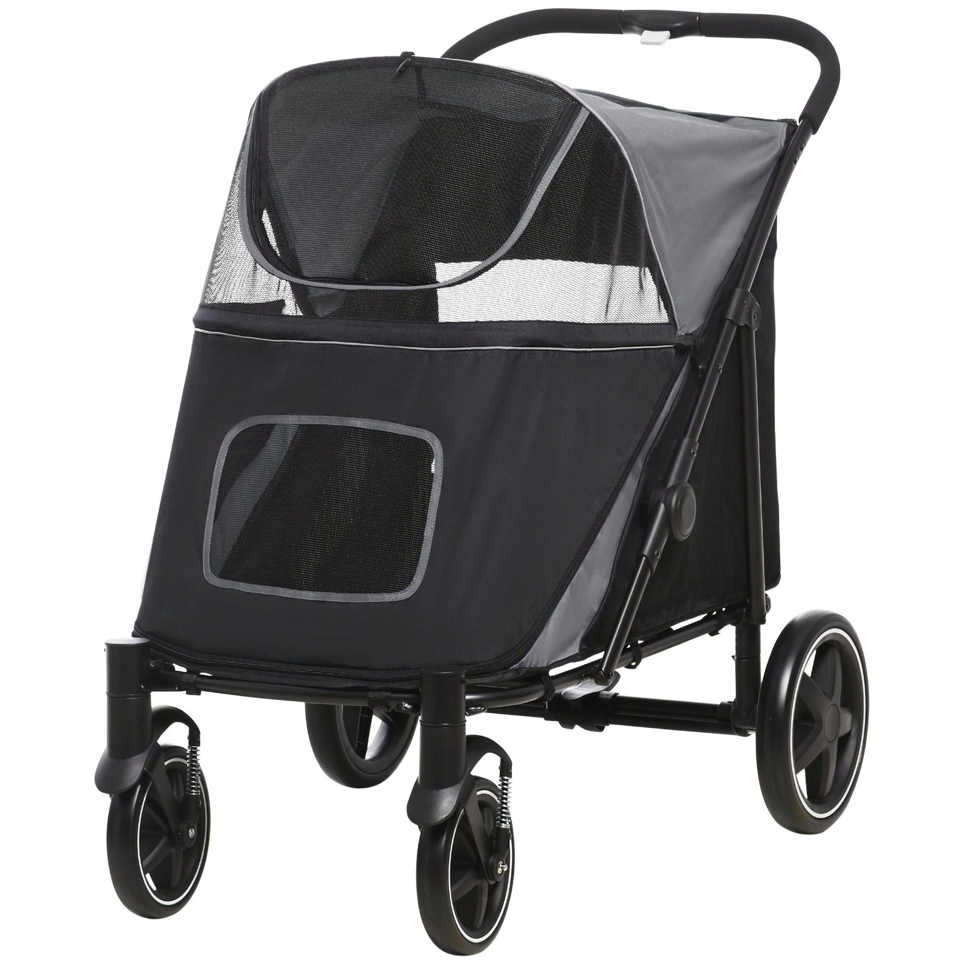 PawHut Pet Stroller Dog Cat Carriage One Click Fold with Universal Front Wheels Shock Absorber Brakes Storage Bags Mesh Window