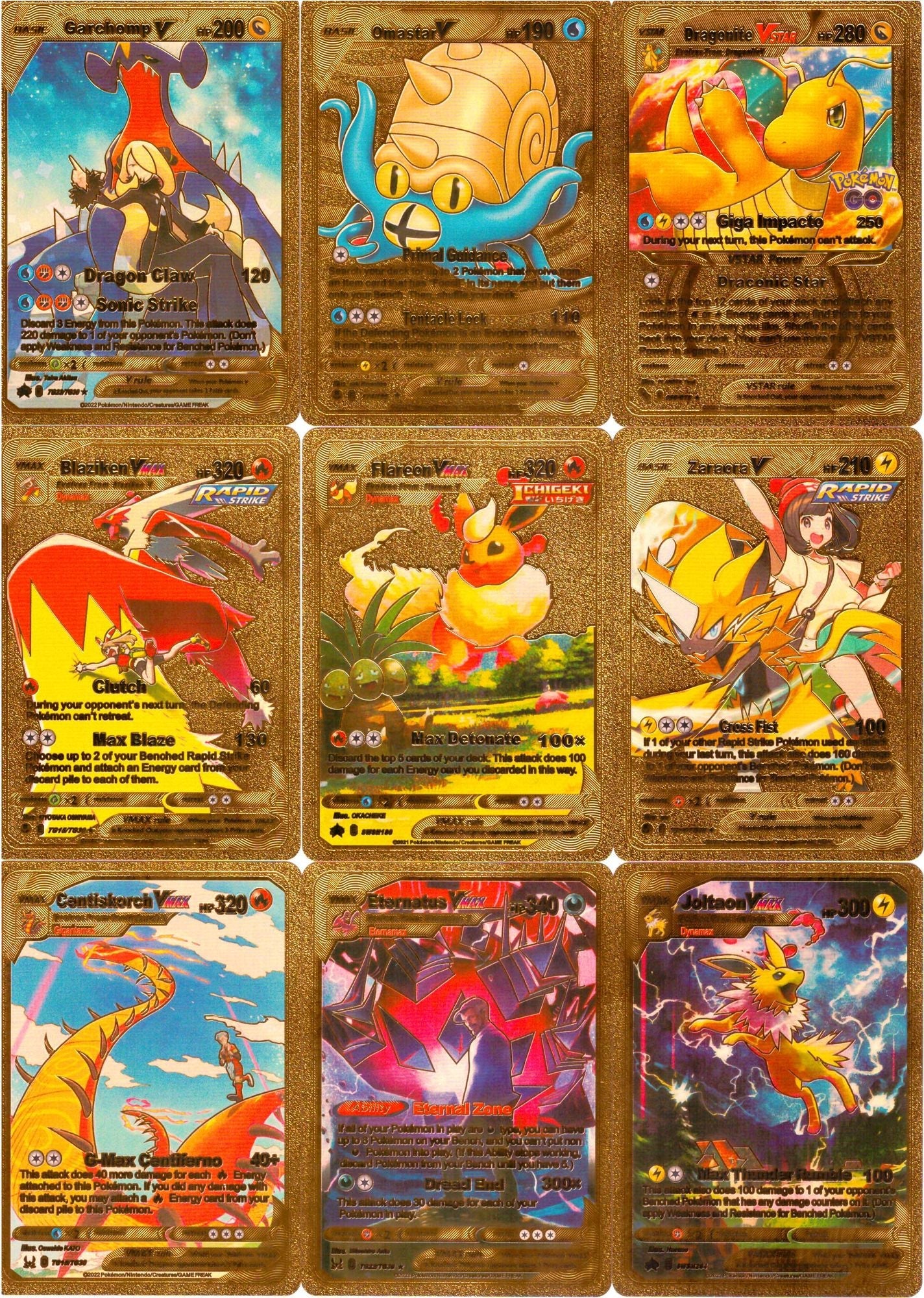 55 PCS Gold Cards Packs Vmax DX GX Rare Pokemon Cards TCG Booster Box Gold Foil