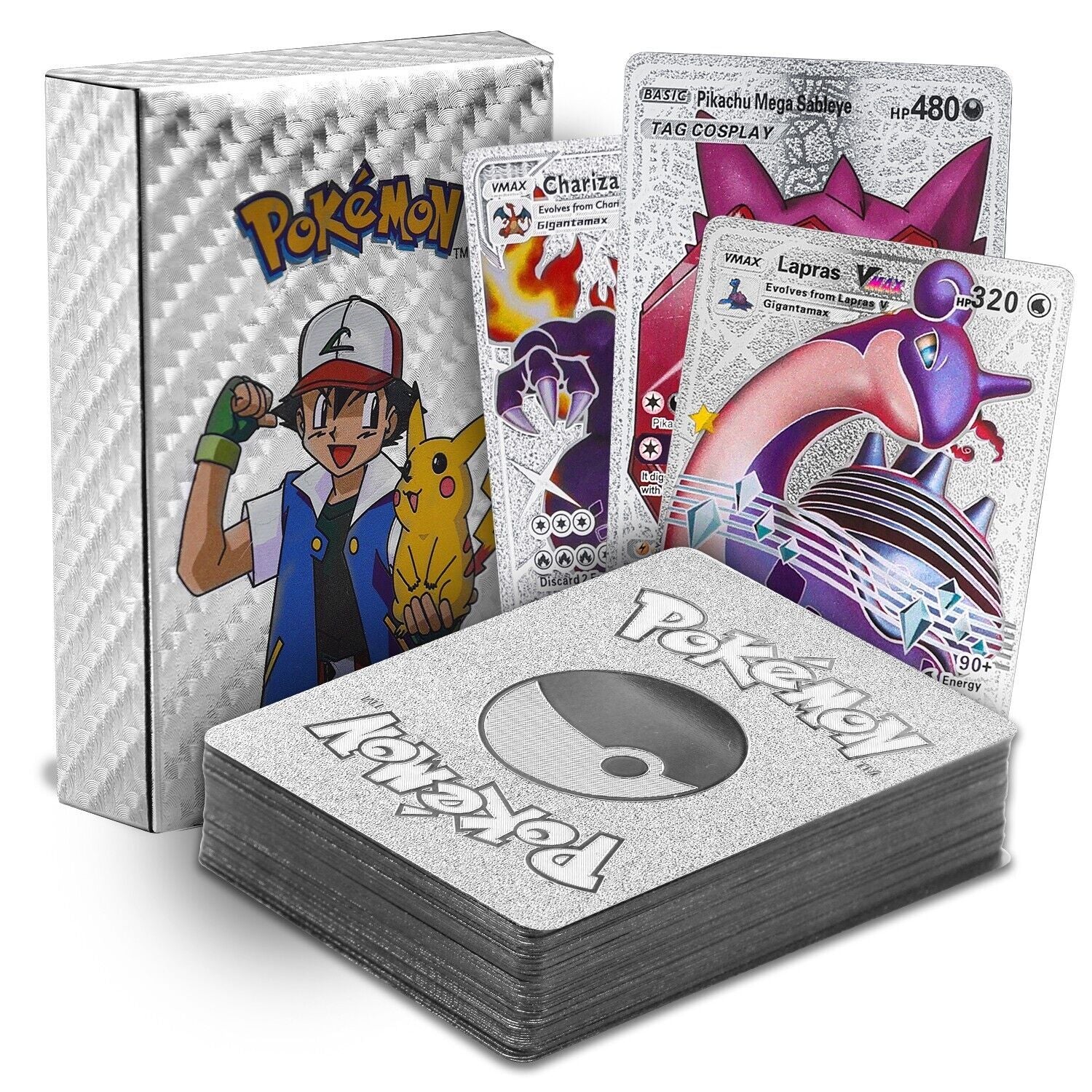 55 PCS Gold Cards Packs Vmax DX GX Rare Pokemon Cards TCG Booster Box Gold Foil