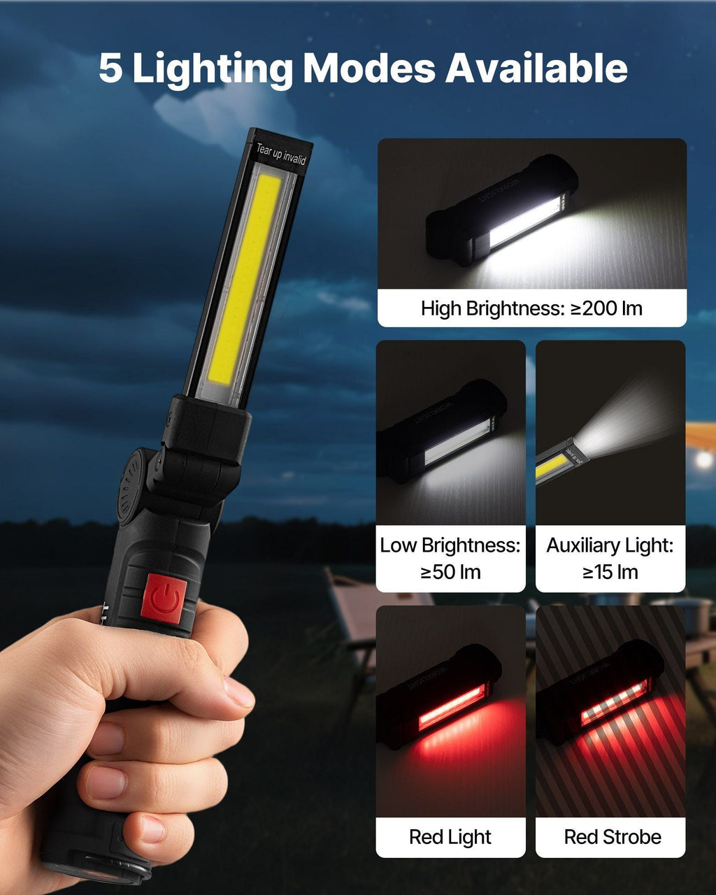 Rechargeable LED Work Light, 1200 mAh, Magnetic Mechanic Flashlight with Magnetic Base, 360° Rotation, 5 Lighting Modes, Foldable Grill Lamp for Mechanics, Car Repairs, Home, Emergency (2 Pack)