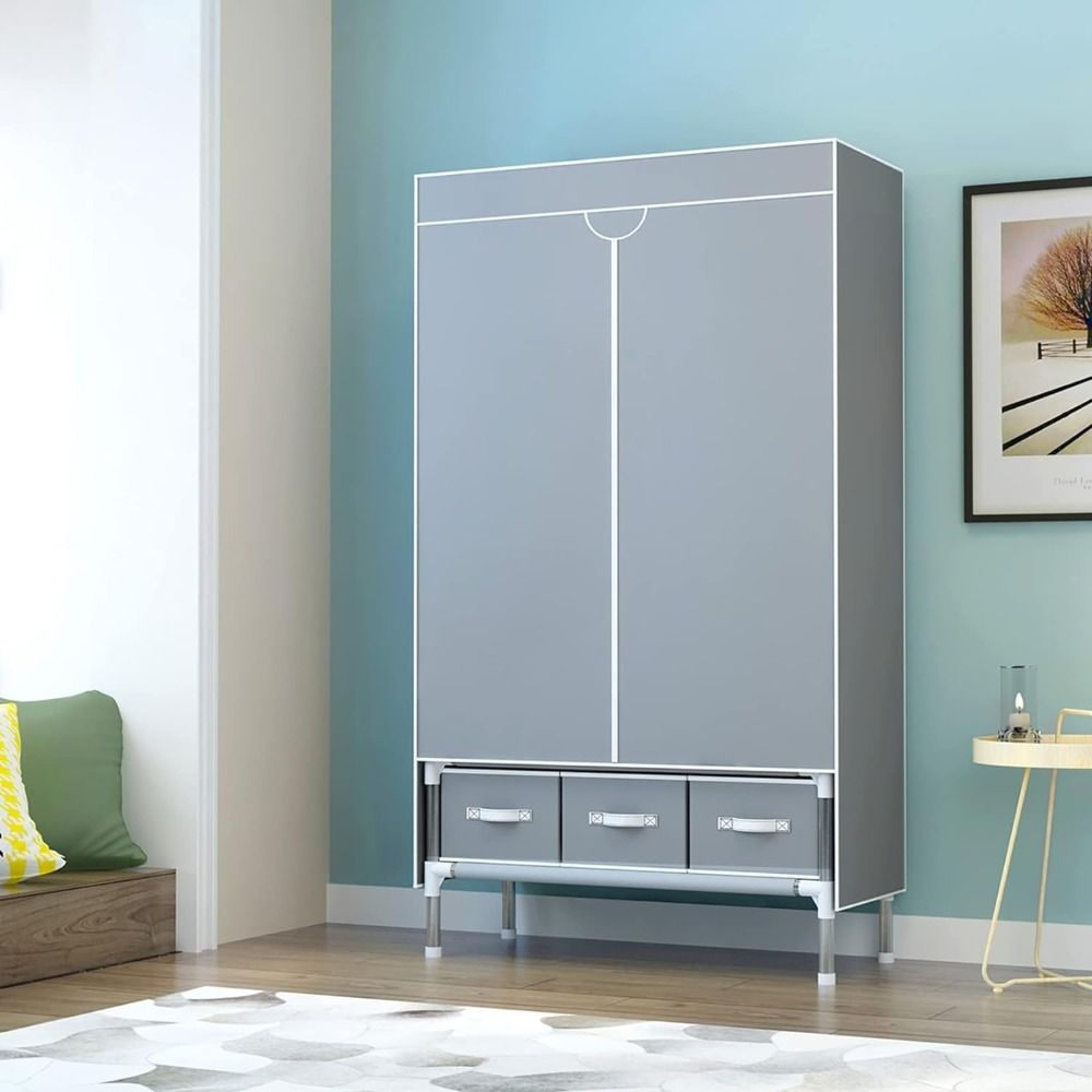 Portable Clothes Closet Rolling Door Wardrobe with Hanging Rack Non-Woven Fabric Storage Organizer with Three Drawer Boxes No-Tool Assembly - 67in*35.4in*17.7in(Gray)