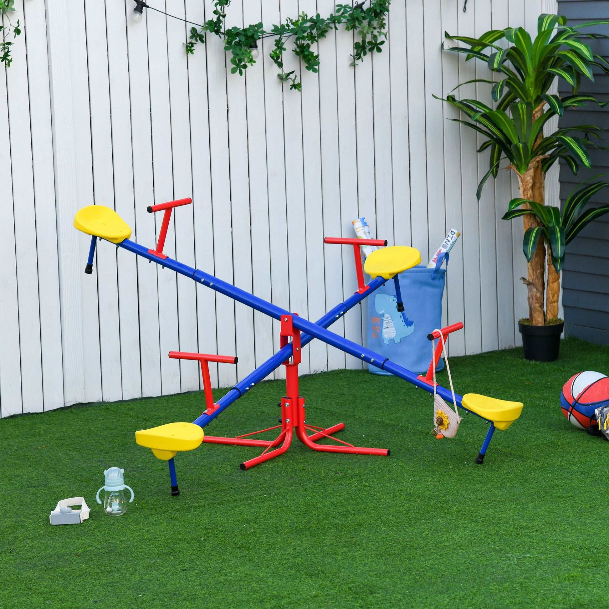 Outsunny Kids Seesaw Swivel Teeter Totter with 360° Spinning, 4 Seater Seesaw Outdoor Playground Equipment for Backyard, Boys and Girls Aged 3-8 Years Old