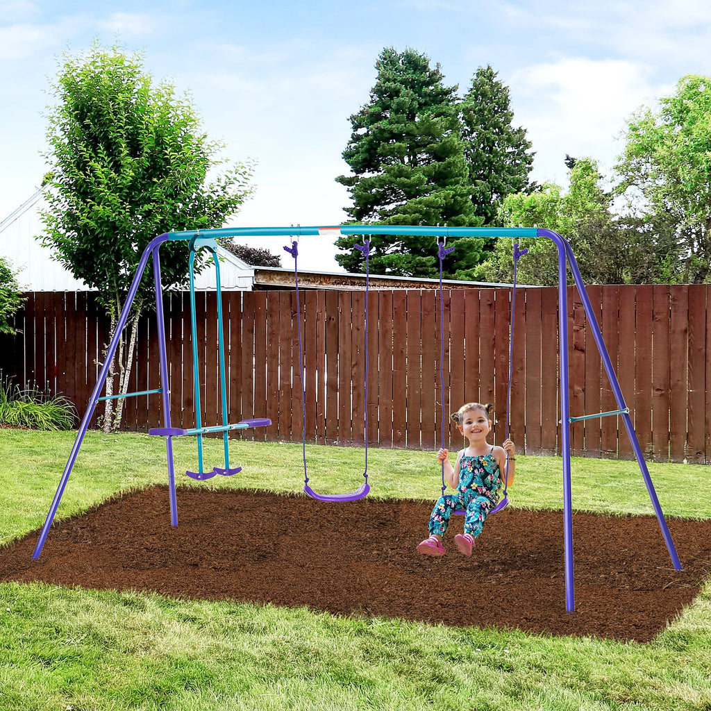 Outsunny Metal Swing Set with Glider, Two Swing Seats and Adjustable Height, Outdoor Heavy Duty A-Frame Suitable for Playground, Backyard, Purple