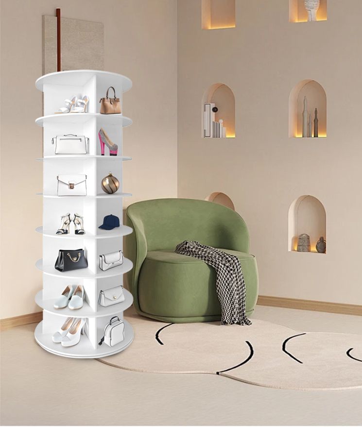 7 Tier Rotating Shoe Rack Tower, Spinning Shoe Display, 360 Shoe Rack Storage Round Carousel, Vertical Handbag Rotate Shoes Closet Organization, Christmas Gift (WHITE)