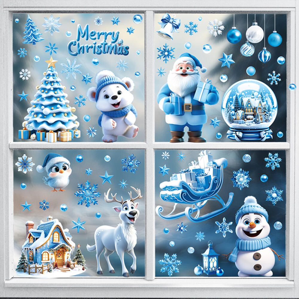 9 Sheets Christmas Window Clings Blue Theme Santa Claus Reindeer Snowman Snowflake Pattern Window Decal Reusable Double Sided Static Stickers for Holiday Winter Xmas Party Decoration