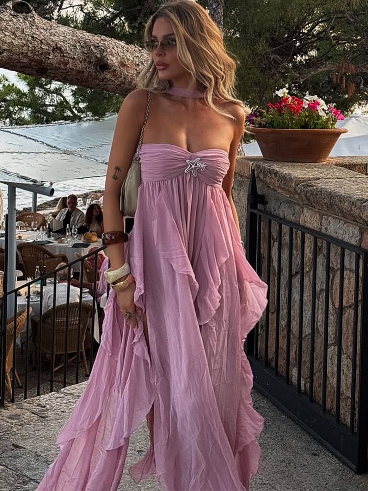 Pink Irregular Ruffle Edge Halter Dresses Summer New Sleeveless Off Shoulder Holiday Robes Women Chic Highstreet Beach Dresses