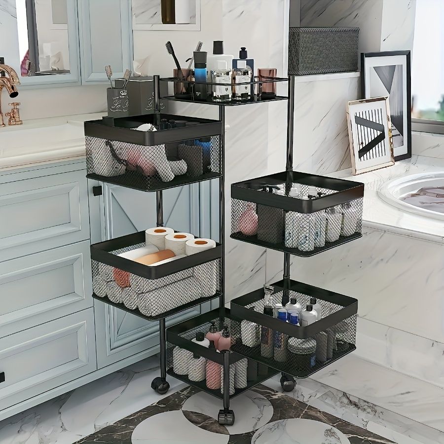 Rotating Kitchen Storage Shelf 5 Tier, Metal Fruit Vegetable Storage Basket Multi-Layer Vegetable Rack Storage Trolley on Wheels, Floor-Standing Basket for Kitchen Bathroom, Square