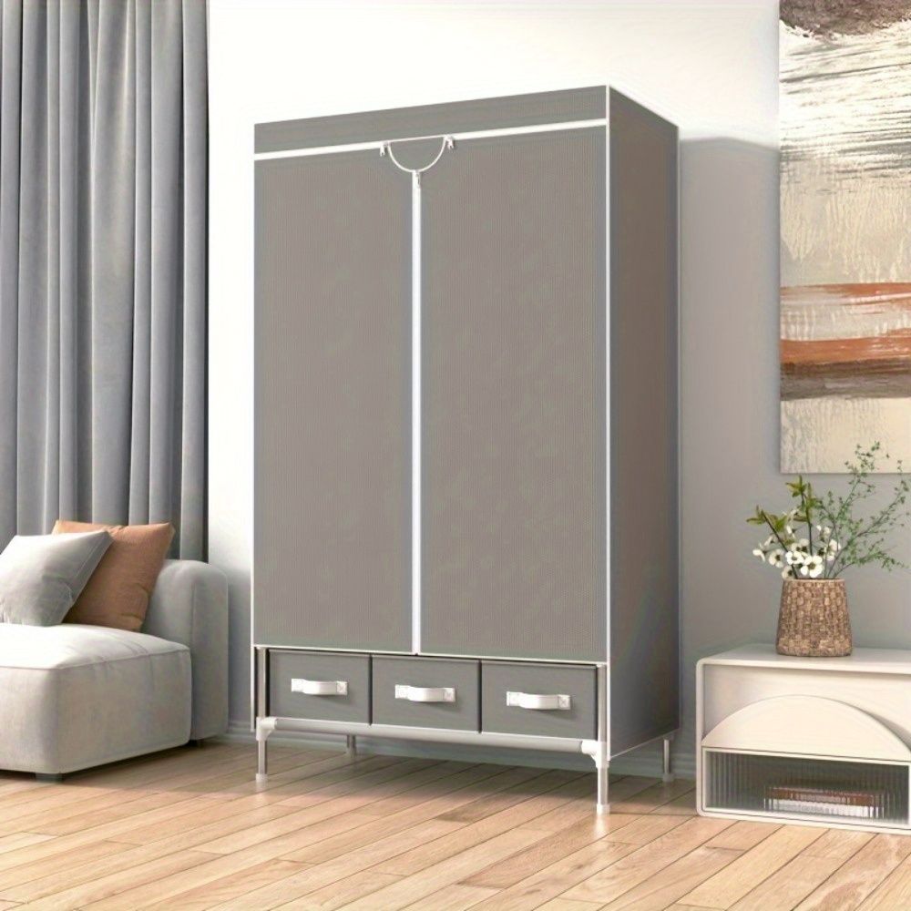 Portable Clothes Closet Rolling Door Wardrobe with Hanging Rack Non-Woven Fabric Storage Organizer with Three Drawer Boxes No-Tool Assembly - 67in*35.4in*17.7in(Gray)