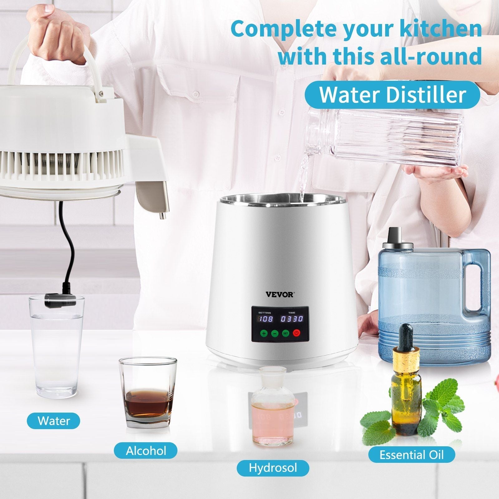VEVOR 1.1Gal Water Distiller, 0.3Gal/H, 750W Distilled Water Maker Machine 0-99H Timing Set Temp Display, 304 Stainless Steel Countertop Distiller Plastic Carafe Cleaning Powder 3 Carbon Packs, White