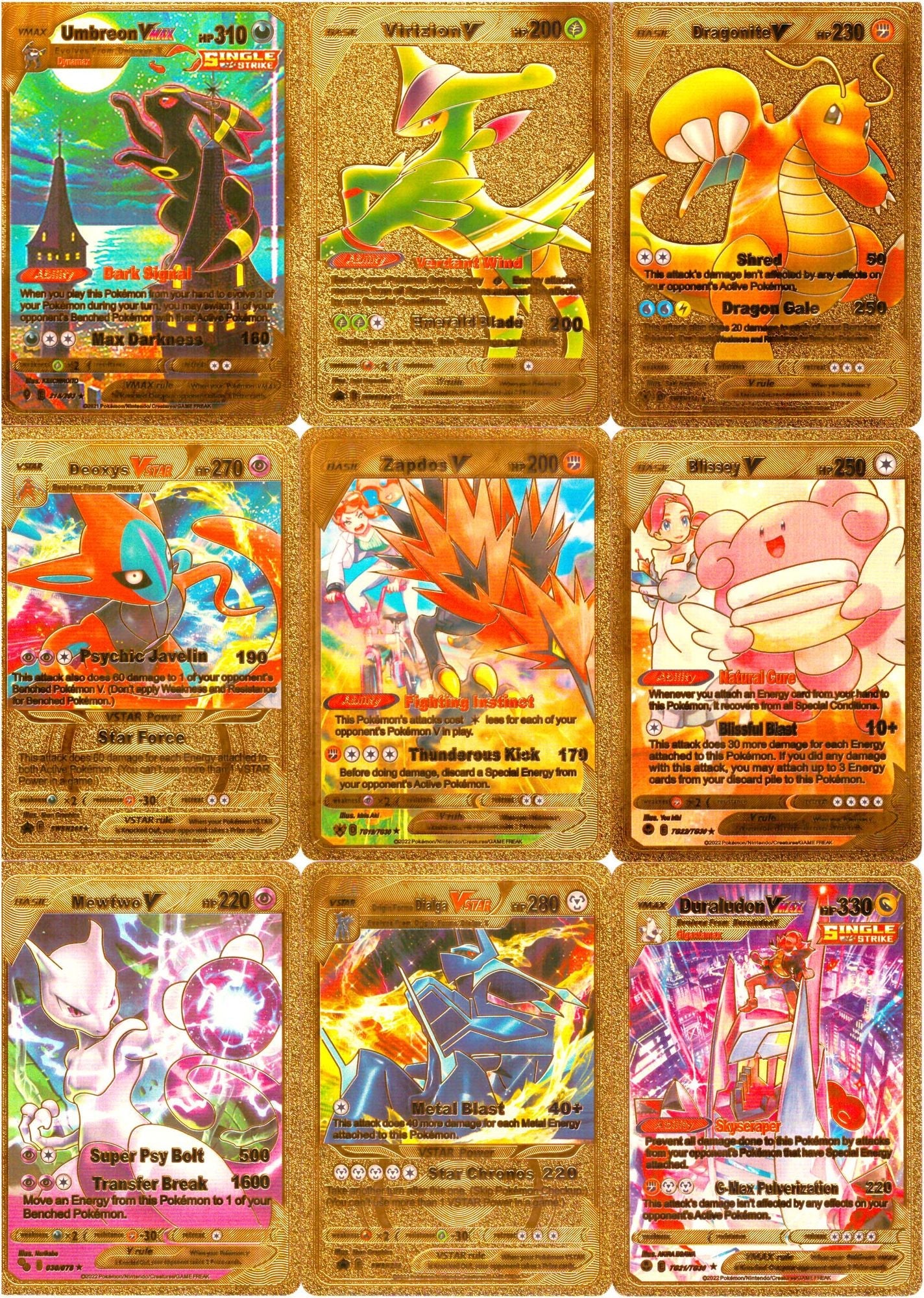 55 PCS Gold Cards Packs Vmax DX GX Rare Pokemon Cards TCG Booster Box Gold Foil