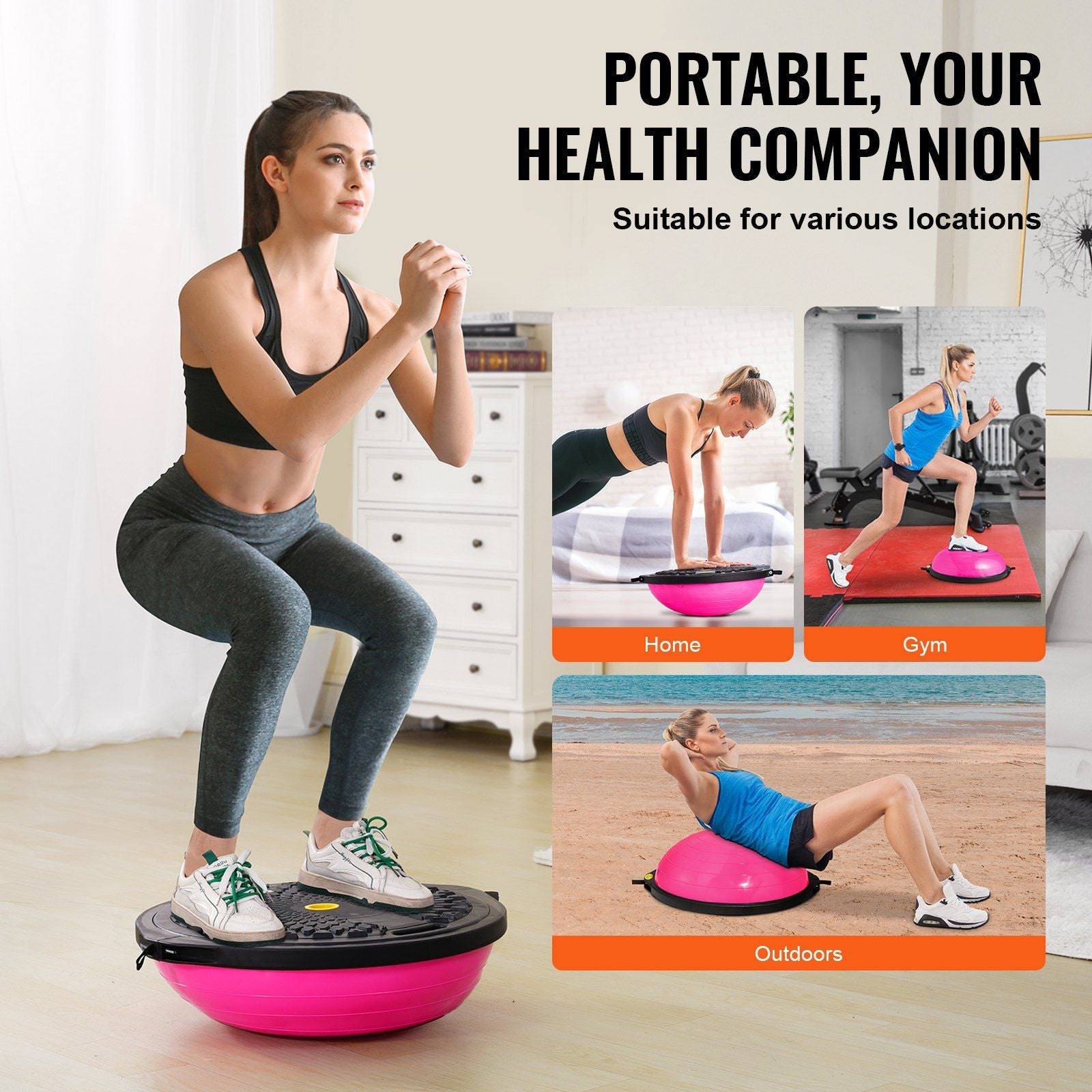 Half Exercise Ball Trainer, 26 inch Balance Ball Trainer, 1500lbs Capacity Stability Ball, Yoga Ball with Resistance Bands & Foot Pump, Strength Fitness Ball for Home Gym Full Body Workout, Pink