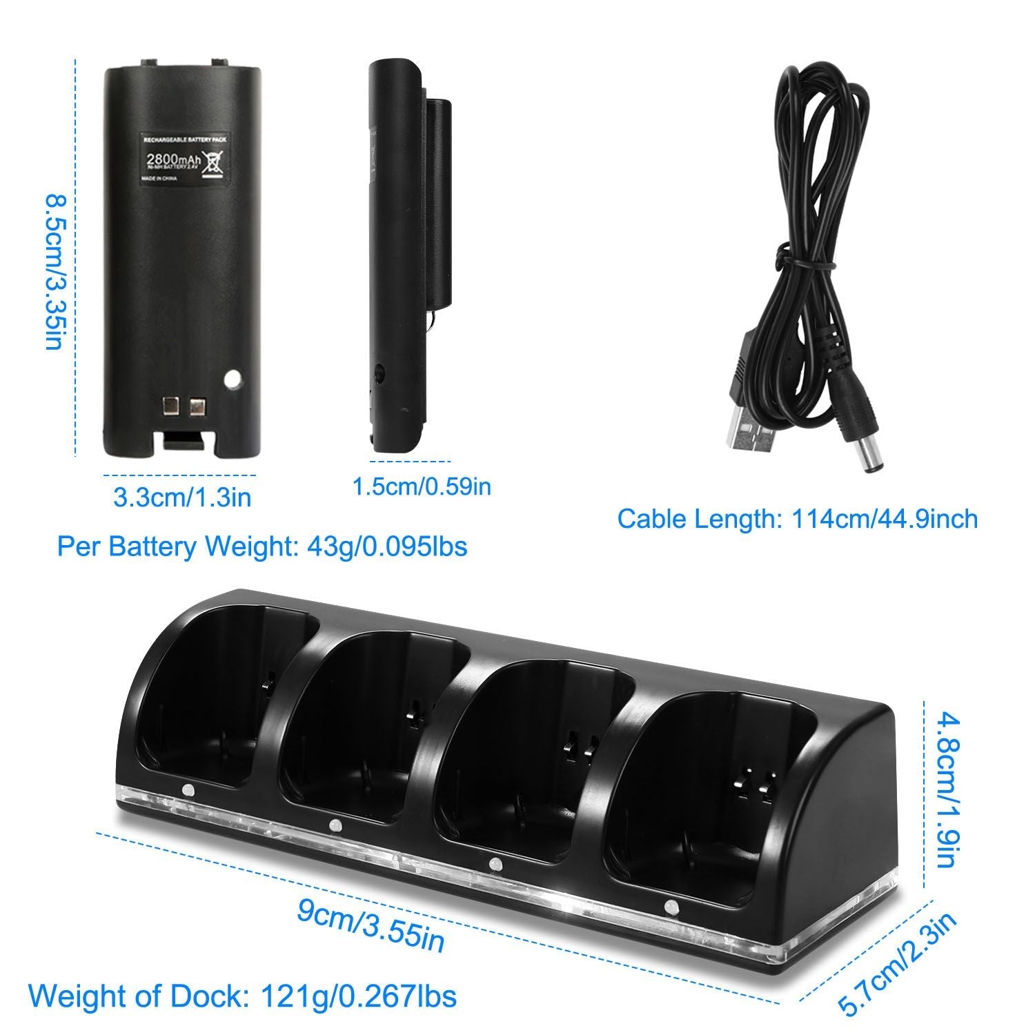 4 Remotes Charging Dock Game Controller Charger 2800mAh Rechargeable Battery Charging Stations w/ LED Indicator for Wii Nintendo
