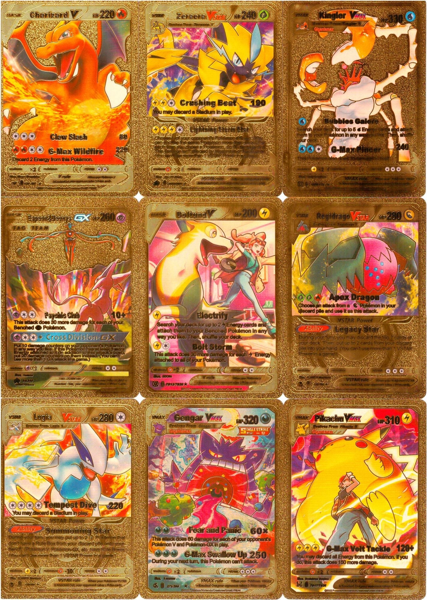 55 PCS Gold Cards Packs Vmax DX GX Rare Pokemon Cards TCG Booster Box Gold Foil