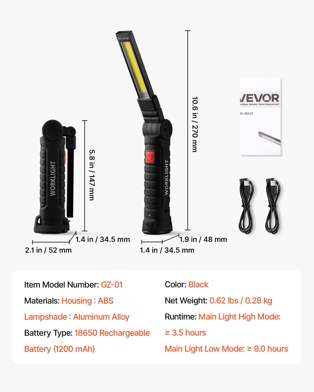 Rechargeable LED Work Light, 1200 mAh, Magnetic Mechanic Flashlight with Magnetic Base, 360° Rotation, 5 Lighting Modes, Foldable Grill Lamp for Mechanics, Car Repairs, Home, Emergency (2 Pack)