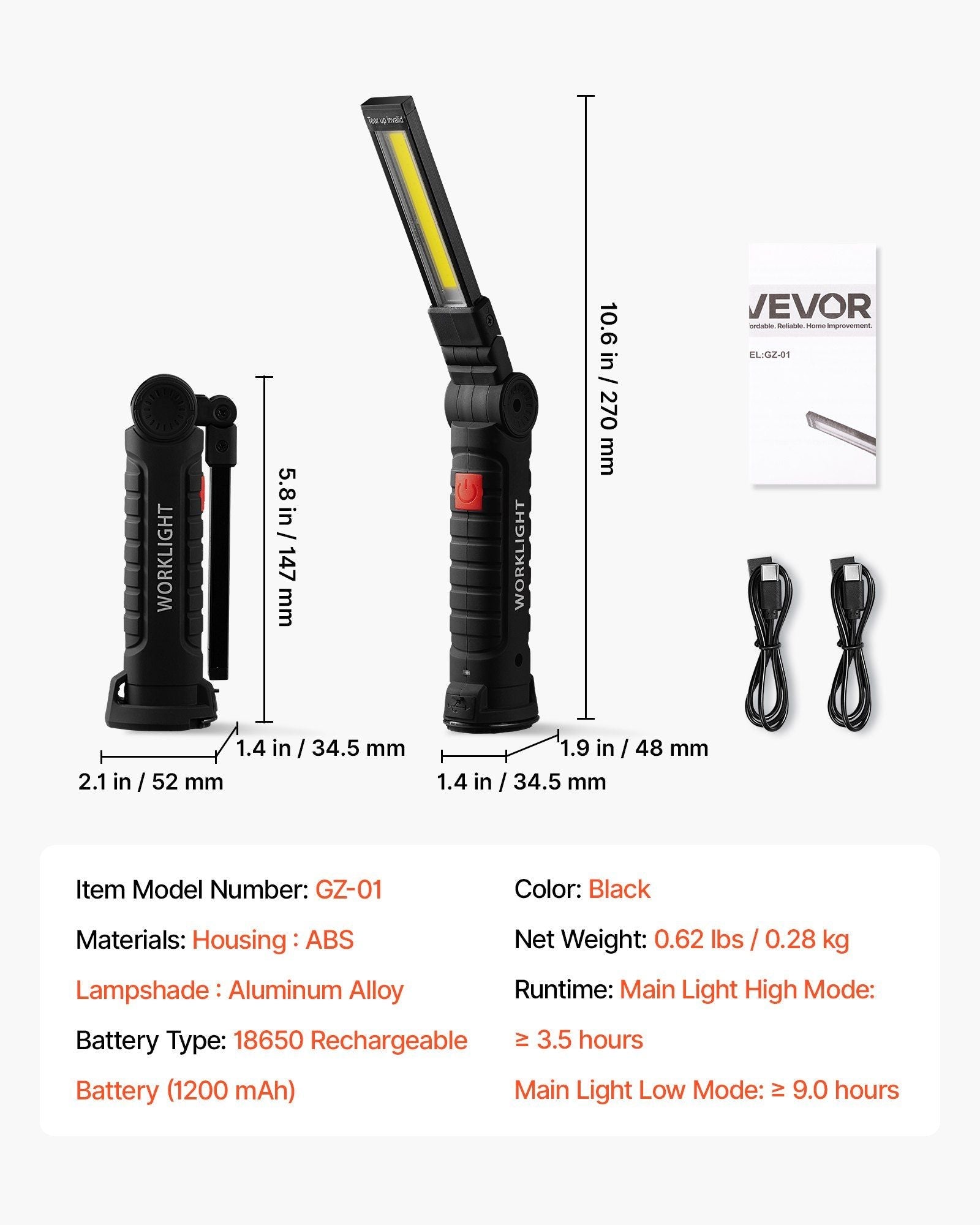Rechargeable LED Work Light, 1200 mAh, Magnetic Mechanic Flashlight with Magnetic Base, 360° Rotation, 5 Lighting Modes, Foldable Grill Lamp for Mechanics, Car Repairs, Home, Emergency (2 Pack)
