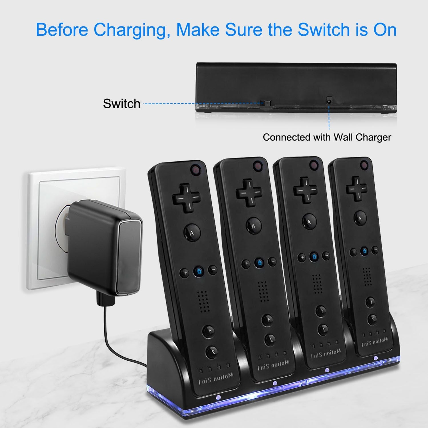 4 Remotes Charging Dock Game Controller Charger 2800mAh Rechargeable Battery Charging Stations w/ LED Indicator for Wii Nintendo