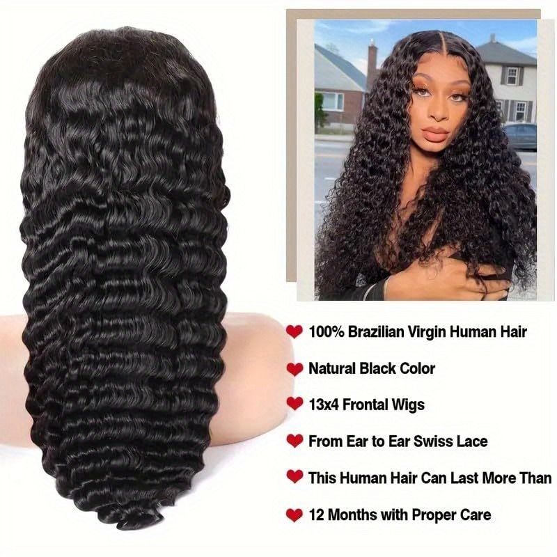 Density Brazilian Virgin Human Hair Deep Curly Lace Front Wigs Transparent HD 13x4 Lace Frontal Wigs Deep Wave 100% Real Human Hair Wigs Remy Pre Plucked Bleached Knots With Baby Hair Natural Color