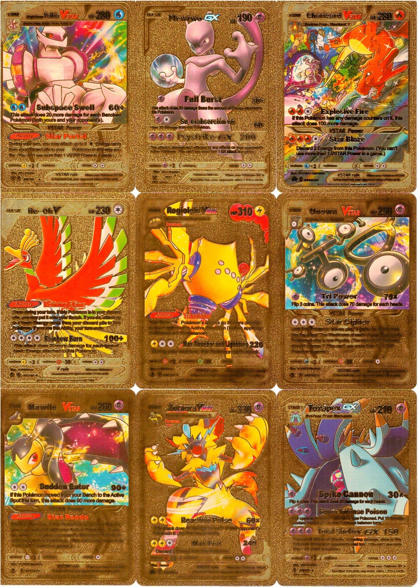 55 PCS Gold Cards Packs Vmax DX GX Rare Pokemon Cards TCG Booster Box Gold Foil