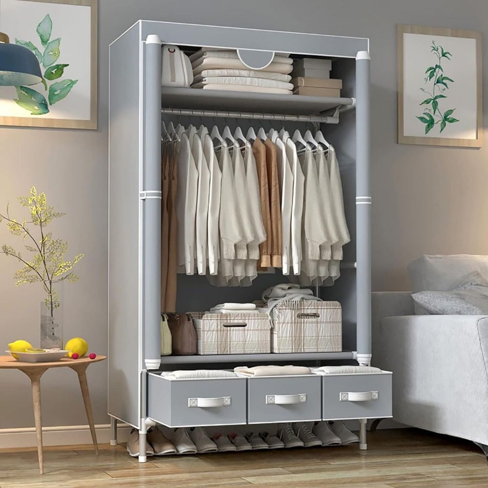 Portable Clothes Closet Rolling Door Wardrobe with Hanging Rack Non-Woven Fabric Storage Organizer with Three Drawer Boxes No-Tool Assembly - 67in*35.4in*17.7in(Gray)
