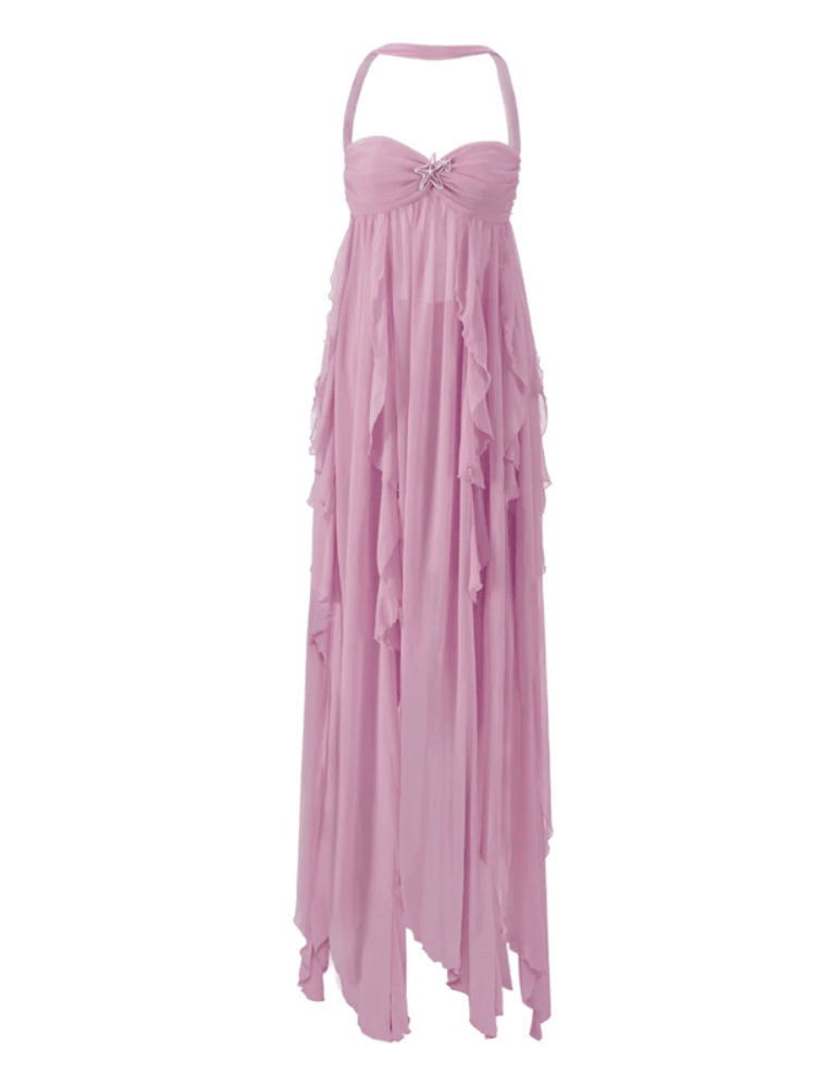 Pink Irregular Ruffle Edge Halter Dresses Summer New Sleeveless Off Shoulder Holiday Robes Women Chic Highstreet Beach Dresses