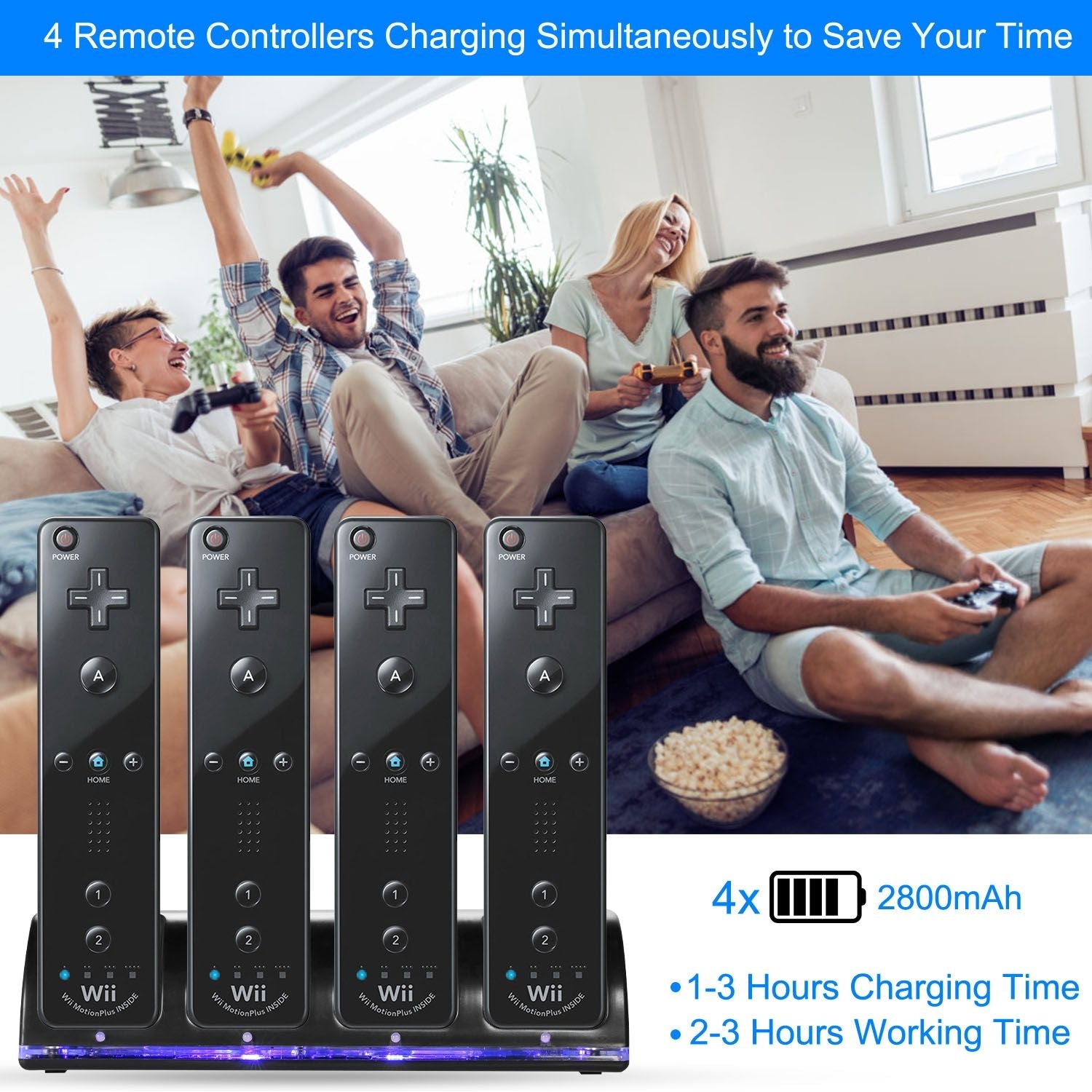 4 Remotes Charging Dock Game Controller Charger 2800mAh Rechargeable Battery Charging Stations w/ LED Indicator for Wii Nintendo