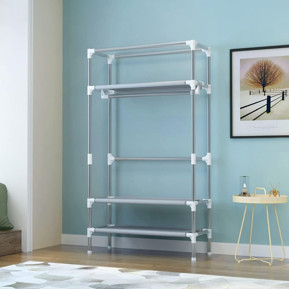 Portable Clothes Closet Rolling Door Wardrobe with Hanging Rack Non-Woven Fabric Storage Organizer with Three Drawer Boxes No-Tool Assembly - 67in*35.4in*17.7in(Gray)