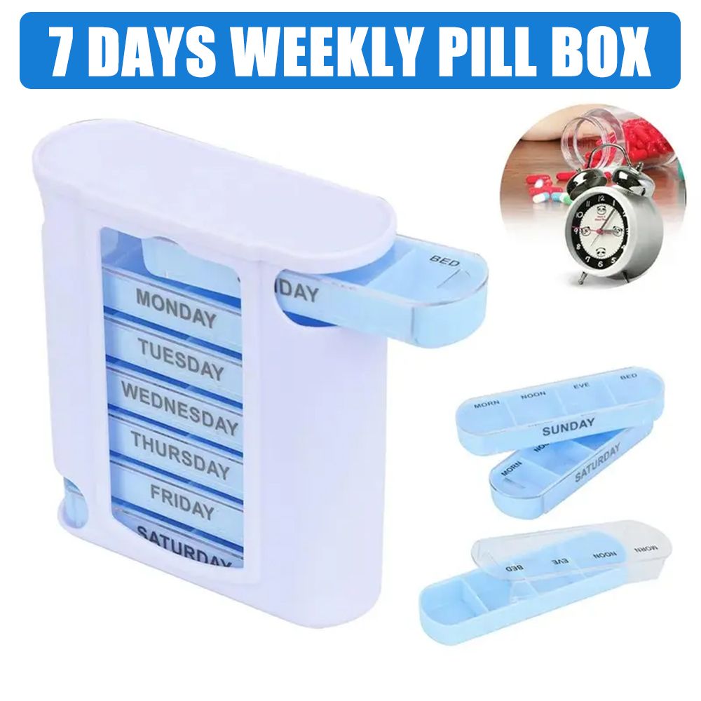 Weekly Pill Organizer with 28 Compartments - Detachable, Sealed Medicine Storage Box for Pills & Candy - White/Blue