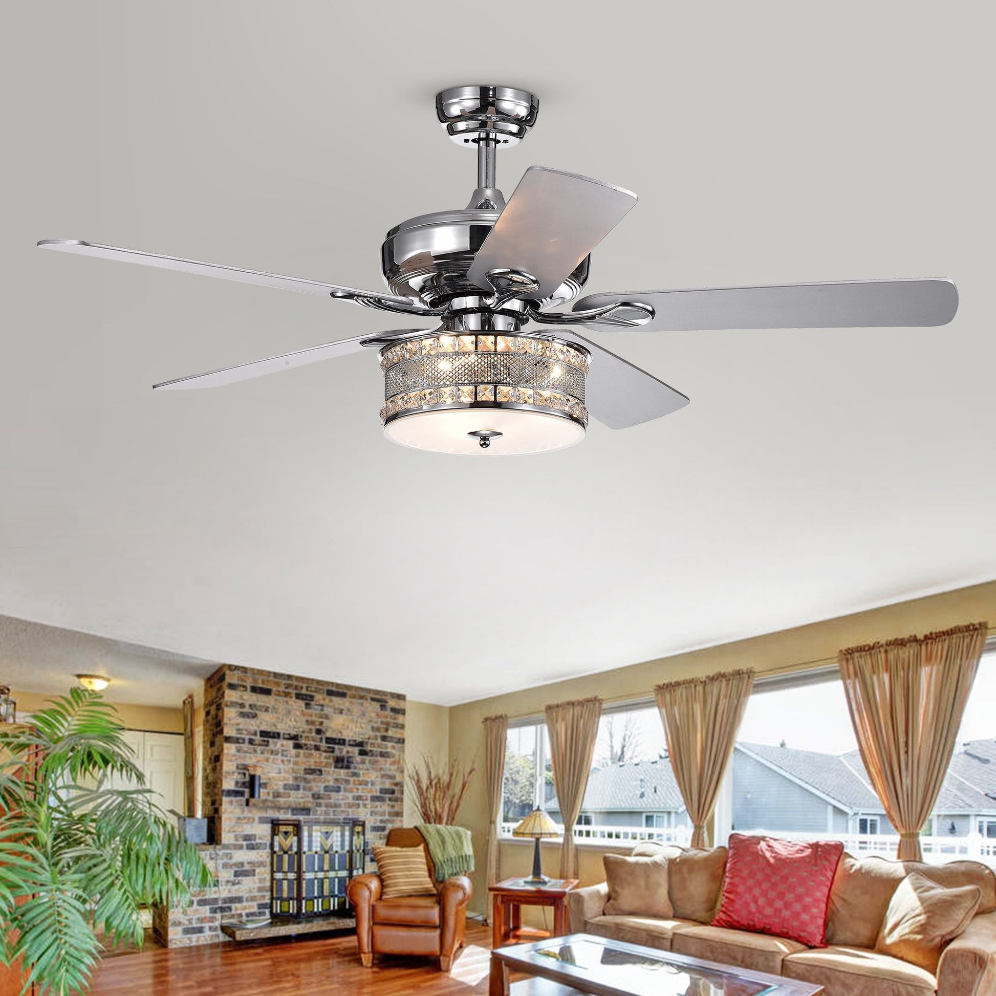 Davrin 5-Blade 52-Inch Chrome Ceiling Fan with 3-Light Crystal Drum Lamp