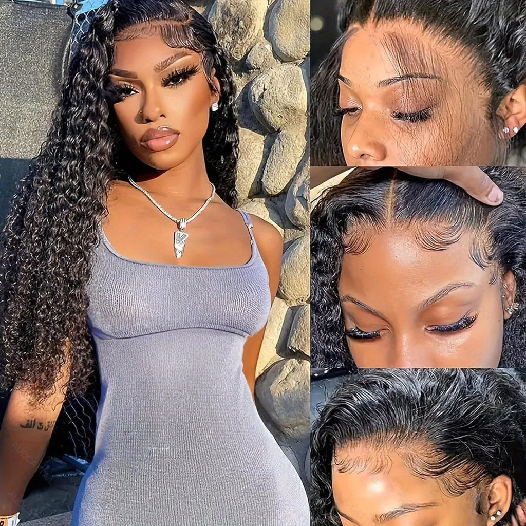 Density Brazilian Virgin Human Hair Deep Curly Lace Front Wigs Transparent HD 13x4 Lace Frontal Wigs Deep Wave 100% Real Human Hair Wigs Remy Pre Plucked Bleached Knots With Baby Hair Natural Color
