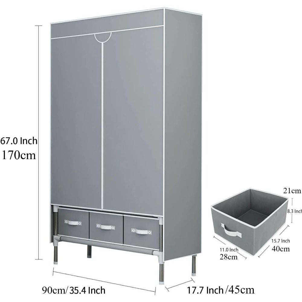 Portable Clothes Closet Rolling Door Wardrobe with Hanging Rack Non-Woven Fabric Storage Organizer with Three Drawer Boxes No-Tool Assembly - 67in*35.4in*17.7in(Gray)
