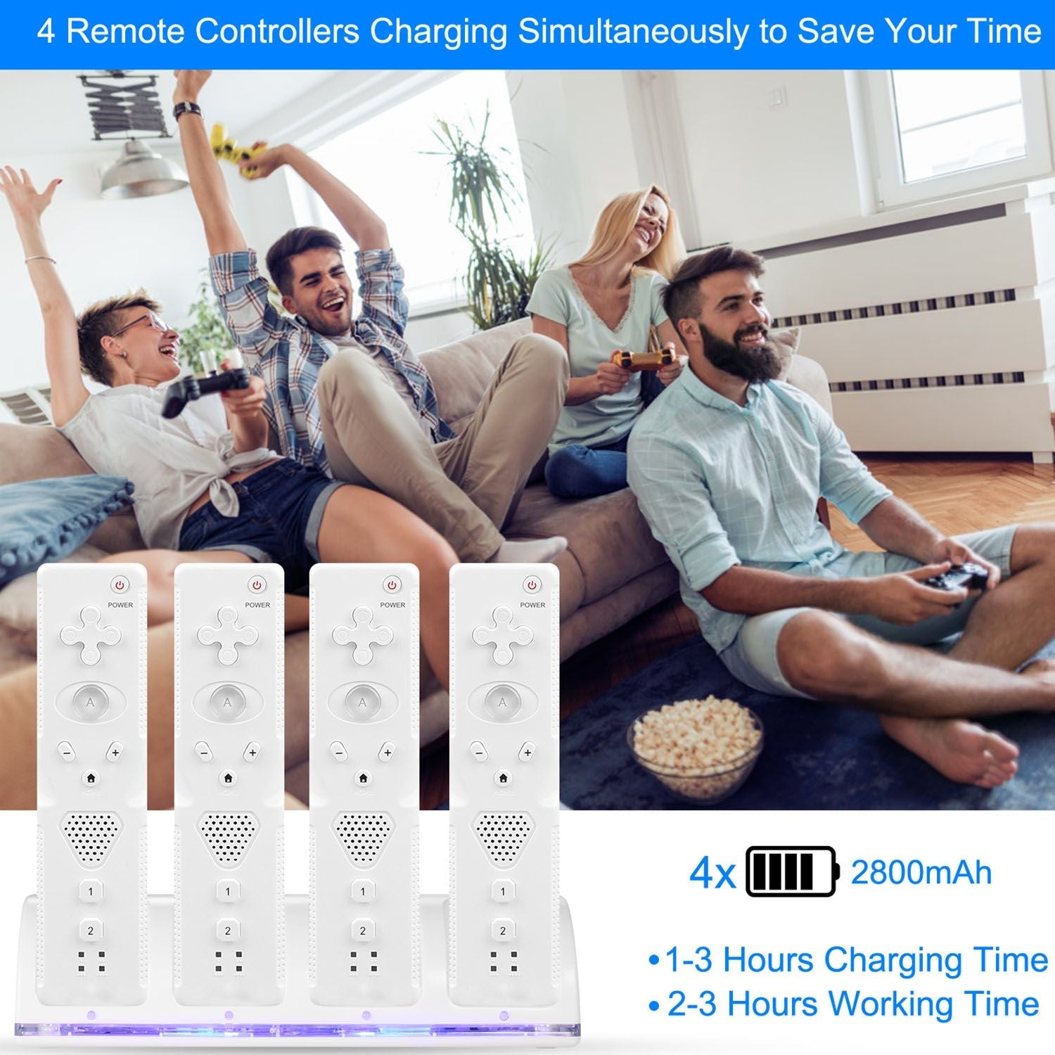 4 Remotes Charging Dock Game Controller Charger 2800mAh Rechargeable Battery Charging Stations w/ LED Indicator for Wii Nintendo