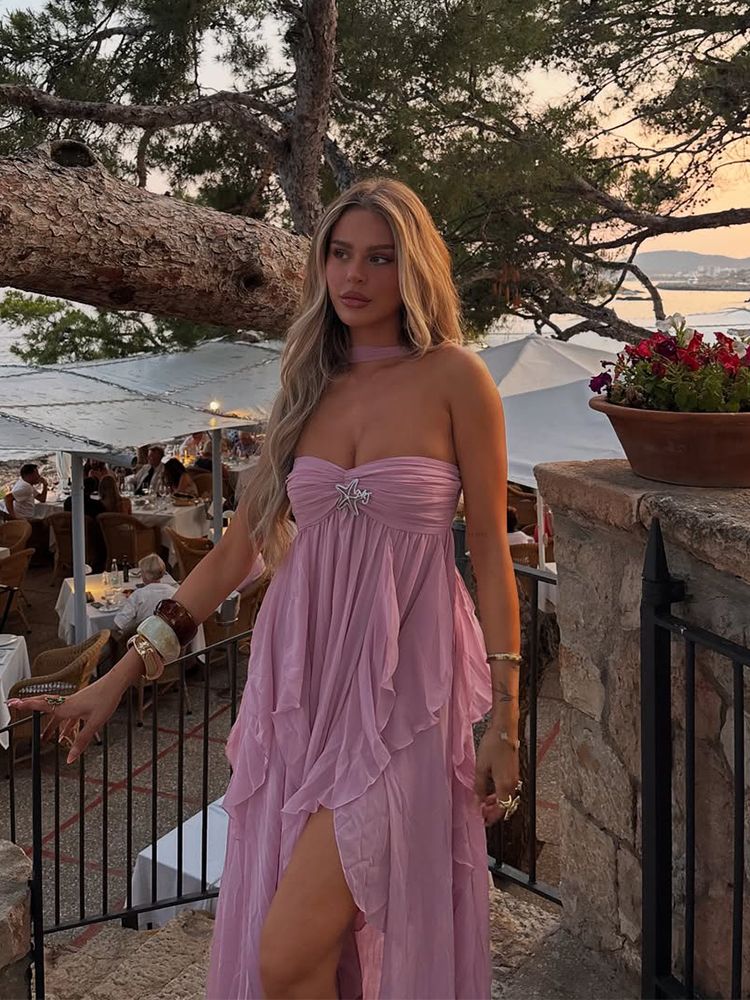 Pink Irregular Ruffle Edge Halter Dresses Summer New Sleeveless Off Shoulder Holiday Robes Women Chic Highstreet Beach Dresses