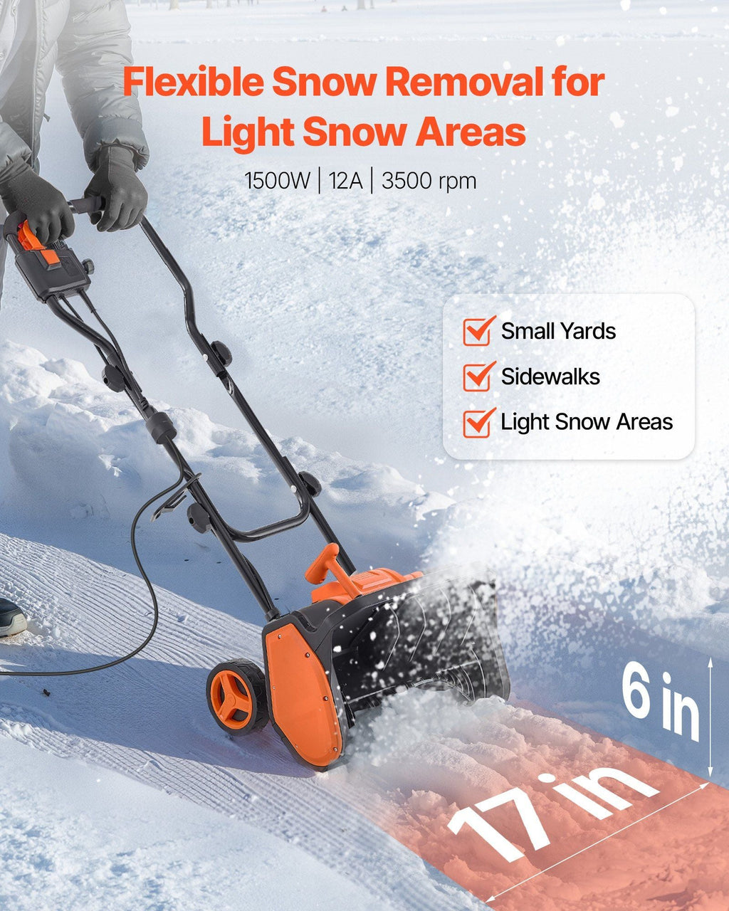 Electric Snow Shovel, 12A 17 inch Corded Snow Shovel, 60° Adjustable Chute, 20 ft Throwing Distance, Snowthrower with Dual Safety Switch, Winter Ice Removal Tool for Driveway Sidewalk Patio