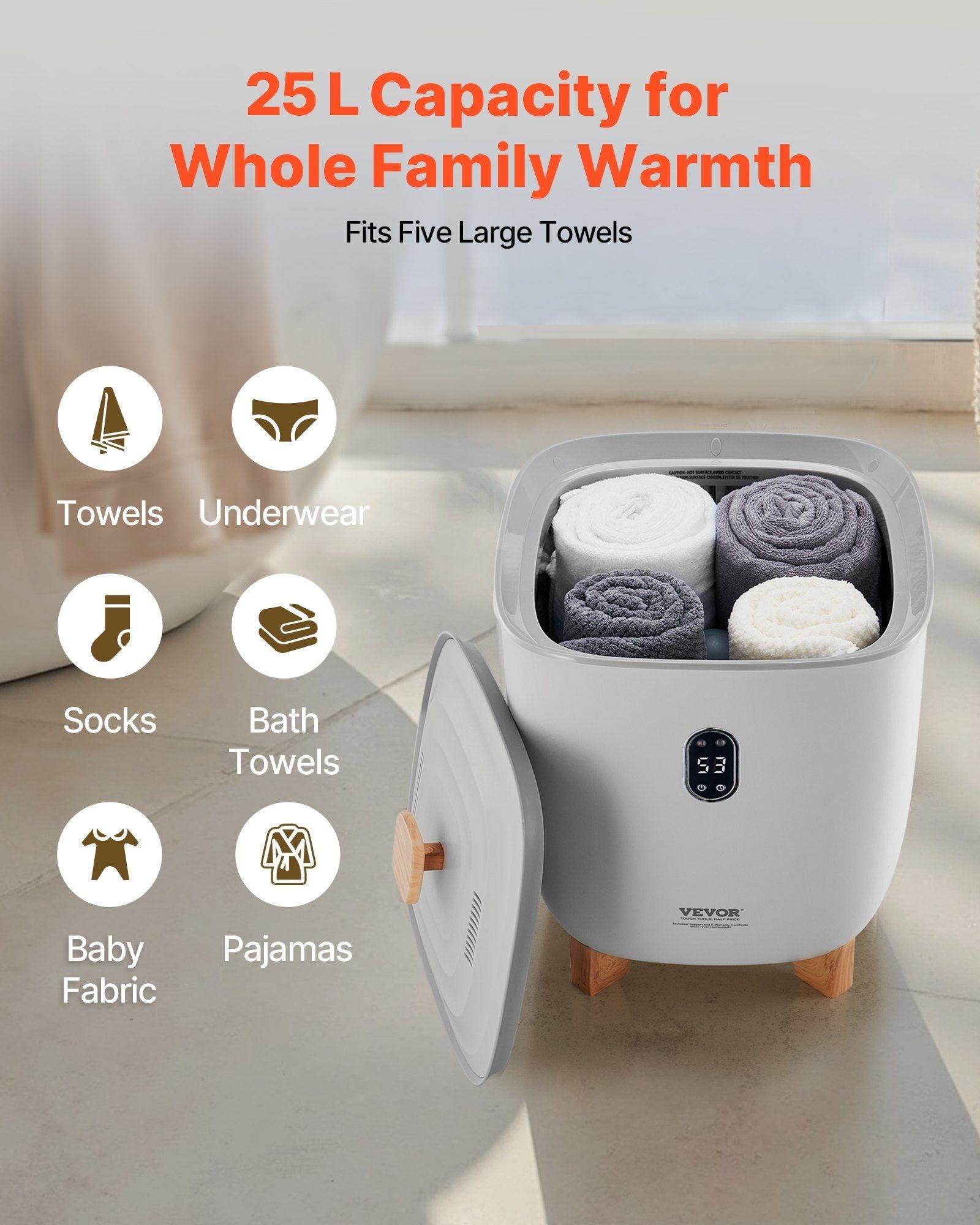 VEVOR Towel Warmer Bucket, 25L Heated Towel Warmer with LED Display, Large Blanket Warmers for Bathroom, 20/40/60/90 Mins Timer and Temperature Setting, for SPA, Home, Countertop, Floor, Gray