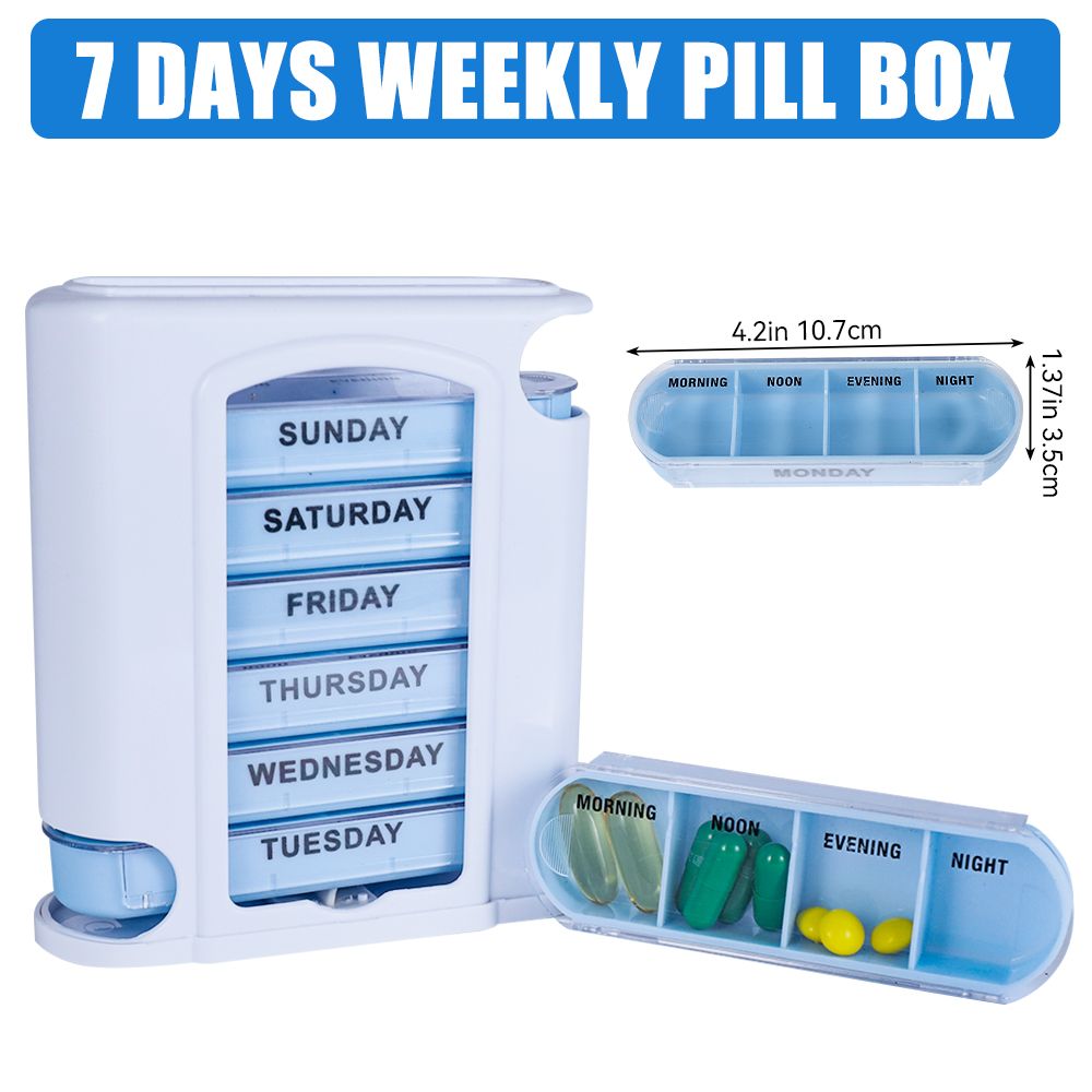 Weekly Pill Organizer with 28 Compartments - Detachable, Sealed Medicine Storage Box for Pills & Candy - White/Blue
