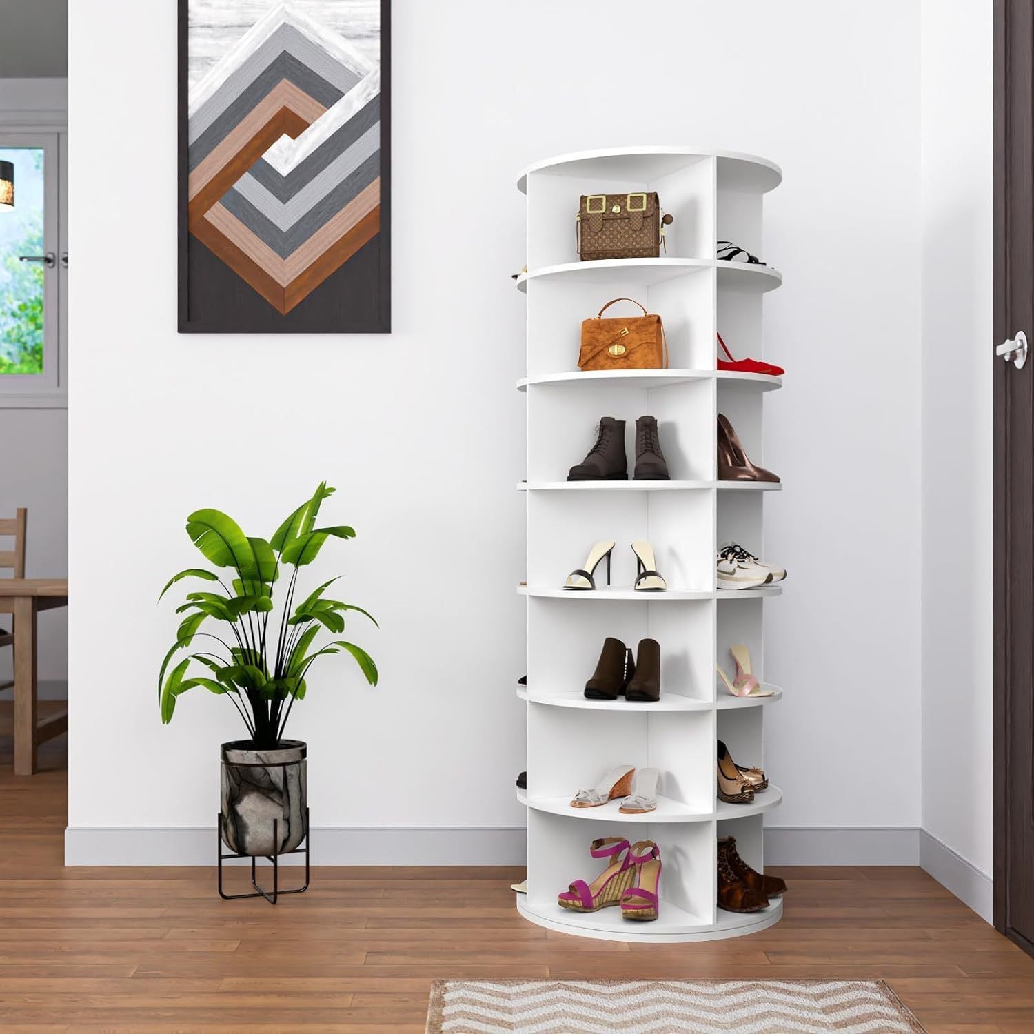 7 Tier Rotating Shoe Rack Tower, Spinning Shoe Display, 360 Shoe Rack Storage Round Carousel, Vertical Handbag Rotate Shoes Closet Organization, Christmas Gift (WHITE)