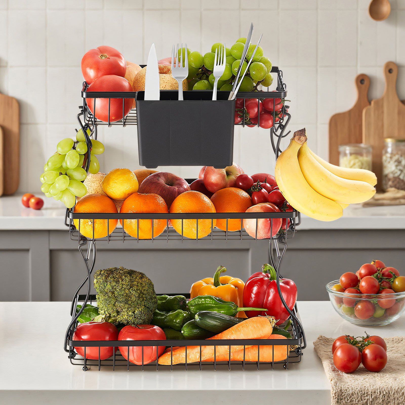 3 Tier Fruit Basket Bowl Kitchen Countertop Storage Stand Holder Banana Hanger