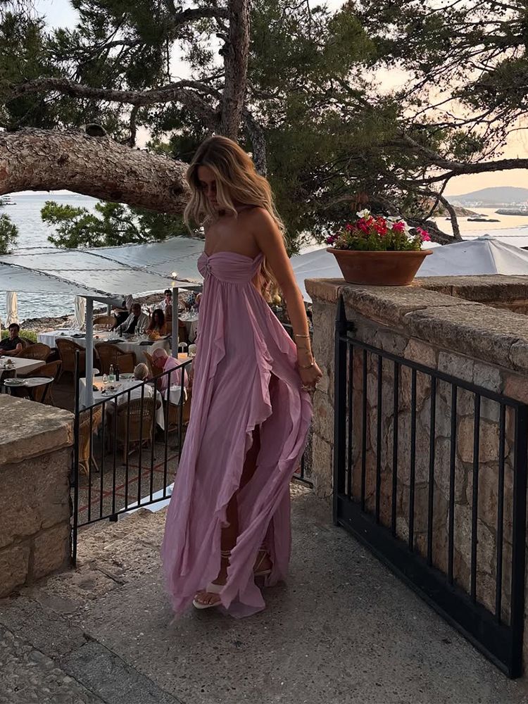 Pink Irregular Ruffle Edge Halter Dresses Summer New Sleeveless Off Shoulder Holiday Robes Women Chic Highstreet Beach Dresses