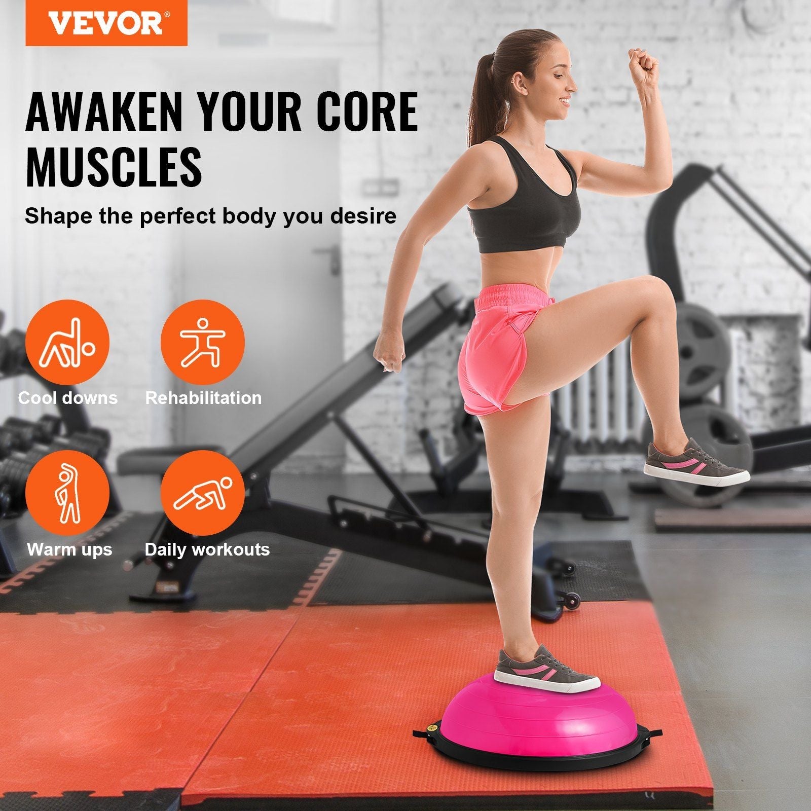 Half Exercise Ball Trainer, 26 inch Balance Ball Trainer, 1500lbs Capacity Stability Ball, Yoga Ball with Resistance Bands & Foot Pump, Strength Fitness Ball for Home Gym Full Body Workout, Pink