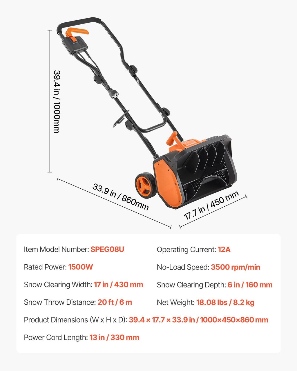 Electric Snow Shovel, 12A 17 inch Corded Snow Shovel, 60° Adjustable Chute, 20 ft Throwing Distance, Snowthrower with Dual Safety Switch, Winter Ice Removal Tool for Driveway Sidewalk Patio