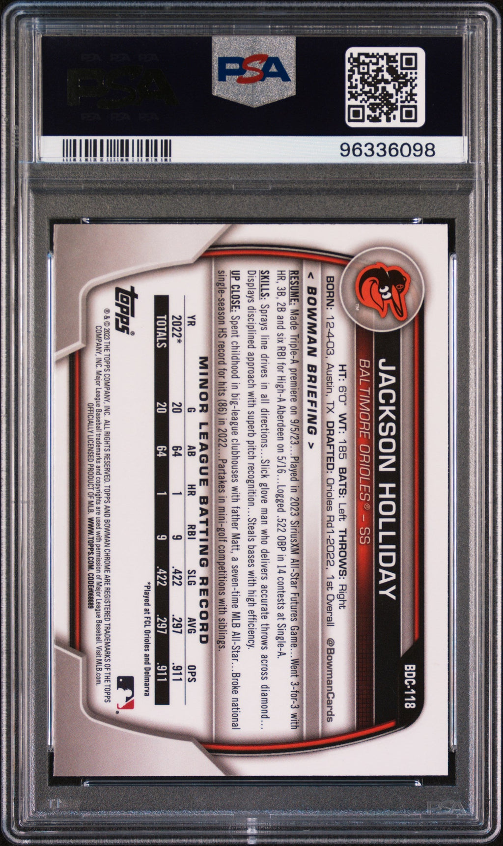 Graded 2023 Topps Bowman Draft Jackson Holliday #BDC118 Chrome Sky Blue Rookie RC Baseball Card PSA 10 Gem Mint